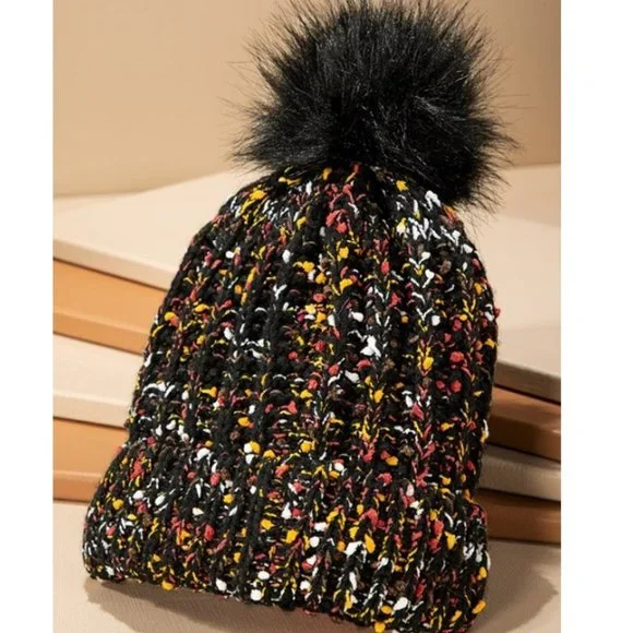 🆕 Black & Multicolor Confetti Knit Beanie w/ Faux Fur Pom-Pom 🆕 - Picture 3 of 5